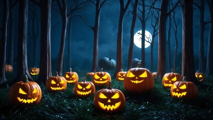 Evil halloween pumpkins in spooky forest night