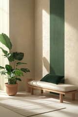 
A tranquil sunlit setting with a neutral-toned Nordic floor seat, a vibrant potted plant, and a  wall of living room 