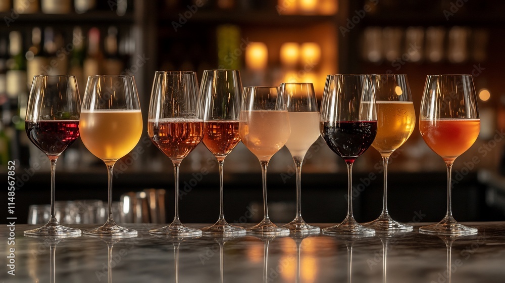 Poster a row of various wine glasses filled with different beverages on a bar counter.