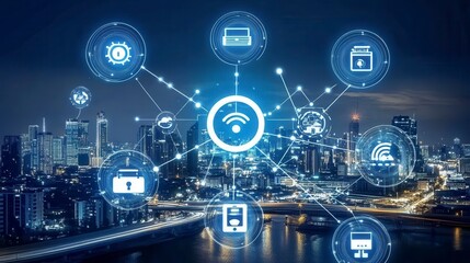 Global communication network concept with digital icons, connecting businesses and people worldwide via internet and mobile technology