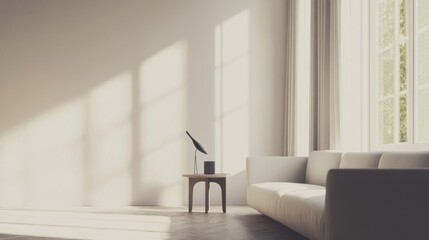 Minimalist room with modern, sparse furniture. Featuring soft tones and simple layout