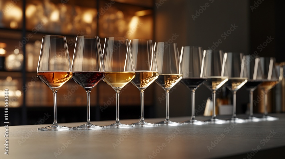 Poster a row of wine glasses filled with various colored beverages on a counter.