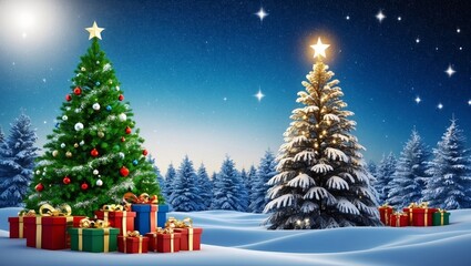 Fantastic winter landscape with snow and christmas tree