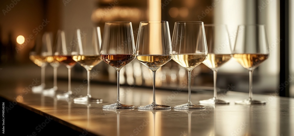 Poster a row of wine glasses filled with various types of wine on a bar counter.