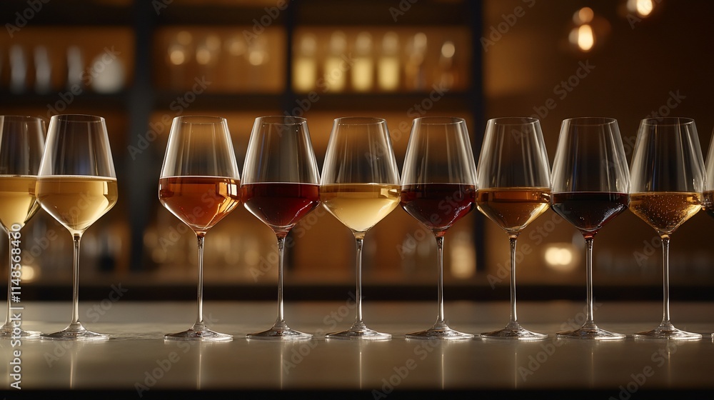 Poster a row of wine glasses showcasing various types of wine in an elegant setting.