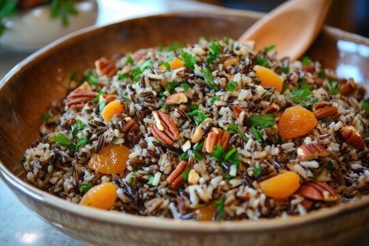 Wild rice salad with pecans dried apricots and fresh parsley
