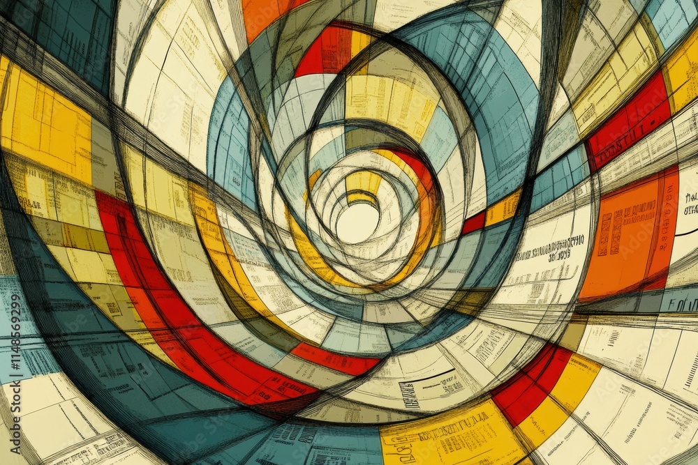 Fototapete colorful spiral abstract art featuring geometric shapes and patterns in various colors, creating a m