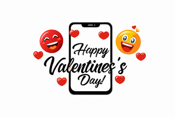 A smartphone screen displaying a ‘Happy Valentine’s Day!’ text with heart emojis and sparkles vector silhouette on a white background