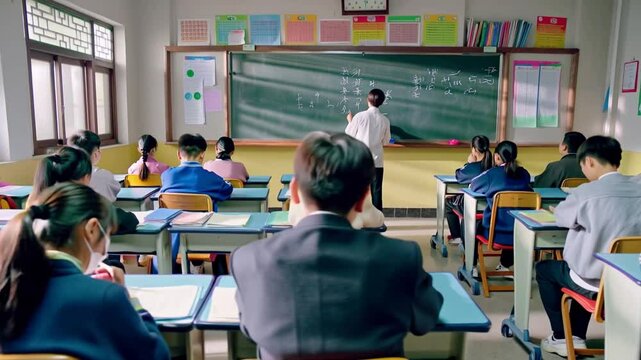 Asian students solving math problems in a classroom environment