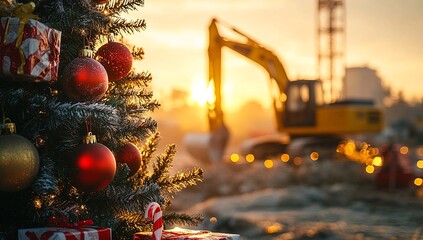 A Christmas tree adorned with red and gold ornaments stands in the foreground, while a construction site with heavy machinery is blurred in the background at sunset.