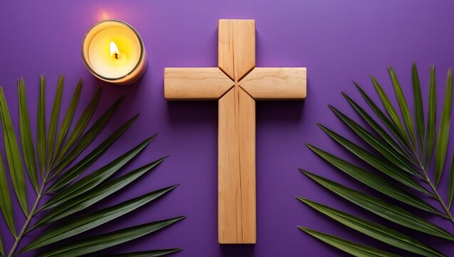Flat lay of wooden cross and candle