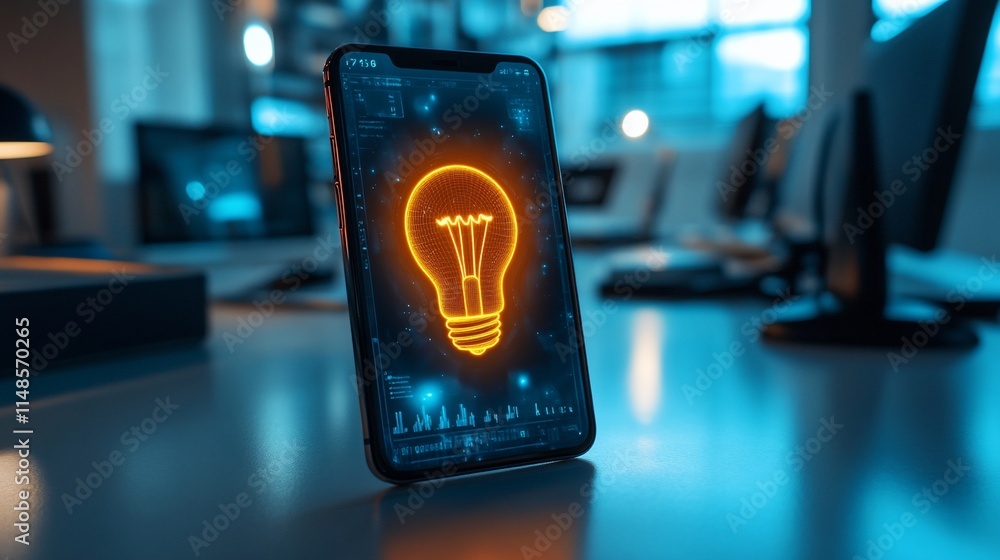 Poster a smartphone displaying a glowing lightbulb icon in a modern workspace.