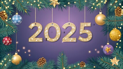 Gold Numbers 2025 With Sequins And Glitter On A gold snowy background Christmas New Year Greeting Card