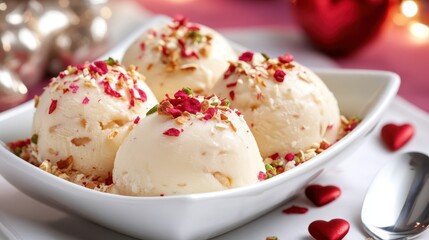 Creamy Vanilla Ice Cream With Nuts and Petals on Romantic Table