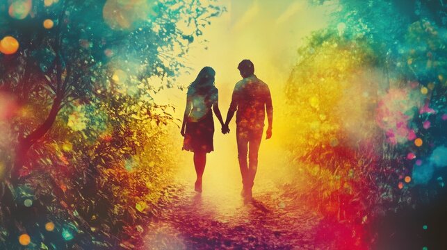 Silhouette of a happy couple walking hand-in-hand - Powered by Adobe