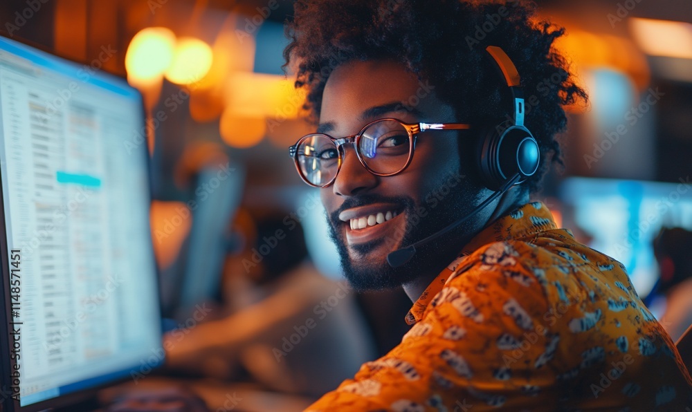 Poster a smiling man with a headset working at a computer in a vibrant office setting.
