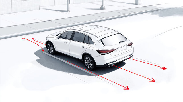 White car parks parallel to curb assisted by tech. Sensors guide car movement. Smart system aids parking precision. Illustration shows parking assist tech. Autonomous vehicle safety feature
