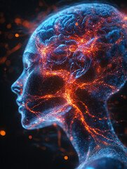 Human figure with vibrant brain network in surreal art