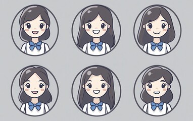 A collection of cute female icons with different facial expressions, depicted in simple line art style. 