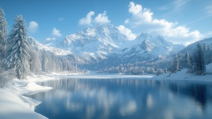Snowy mountain lake reflecting winter sky.