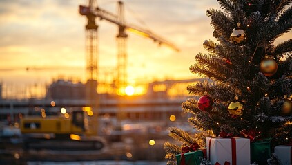 A decorated Christmas tree stands in the foreground, with a construction site silhouetted against a vibrant sunset in the background. A heartwarming contrast of festive cheer and industrious activity.