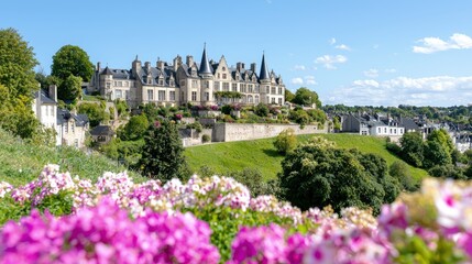 Majestic chateau overlooks a picturesque town, vibrant flowers in foreground.