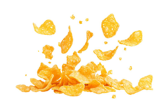 Delicious potato chips falling isolated on white background
