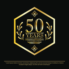 Fototapeta premium 50th years anniversary celebration emblem. black anniversary logo isolated with hexagon geometric badge frame and laurel wreath. vector illustration