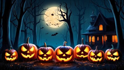 Fototapeta premium Glowing halloween pumpkins in a spooky forest night