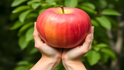 Hands Holding Shiny Red Apple with Yellow Streaks and Green Leaves
