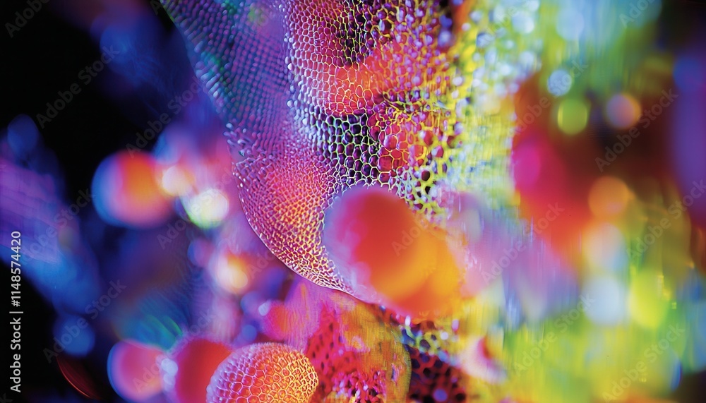 Poster colorful abstract art with vibrant patterns and textures, showcasing dynamic shapes and glowing elem