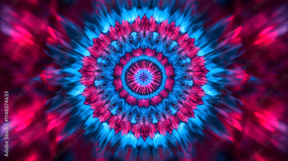 Poster vibrant abstract design with swirling blue and pink patterns in a circular format