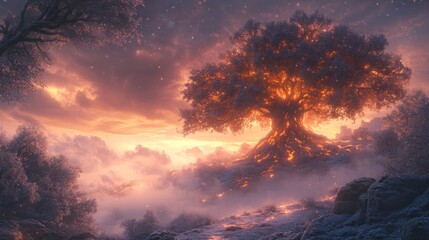 A mystical landscape featuring a glowing tree amidst a dramatic sunset and fog.