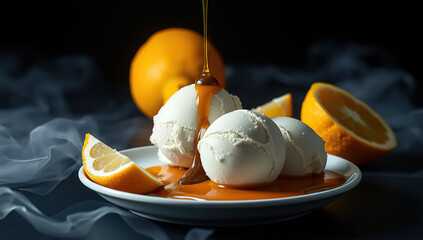 Tangy fresh lemon citrus sorbet or ice cream. Generative AI