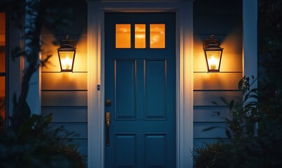 A warmly lit blue front door with lanterns, inviting evening ambiance.