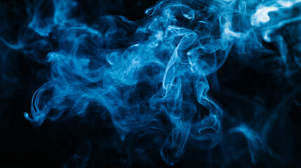 Blue smoke swirls in a dark background creating an ethereal atmosphere.