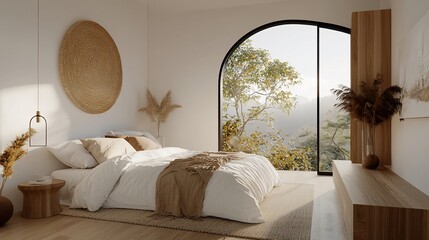 Minimalist bedroom with arched window, natural light, and beige decor.
