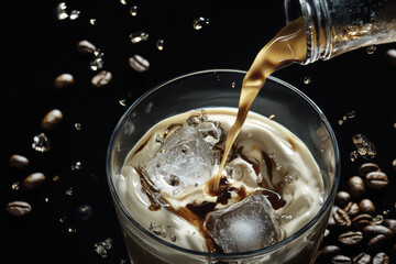 An irish coffee being poured into a glass on a dark background