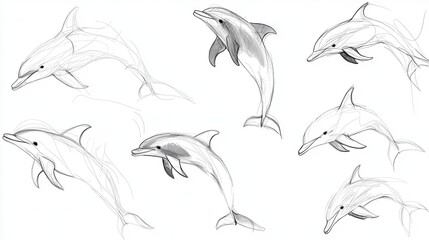 Naklejka premium Hand-Drawn Sketches of Dolphins in Various Poses and Expressions for Creative Projects and Educational Use