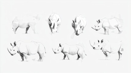 Fototapeta premium Abstract Illustration of a Rhinoceros in Minimalist Black and White Style with Various Poses and Angles