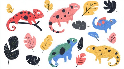 Colorful Illustrated Lizards and Tropical Leaves in a Whimsical Style for Creative Projects and Designs