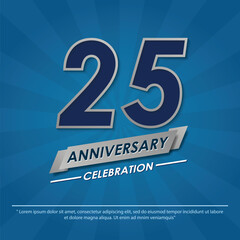 25th years anniversary celebration emblem. elegance anniversary logo isolated with silver ribbon on blue background. vector illustration template design for web, flyers, poster, greeting card