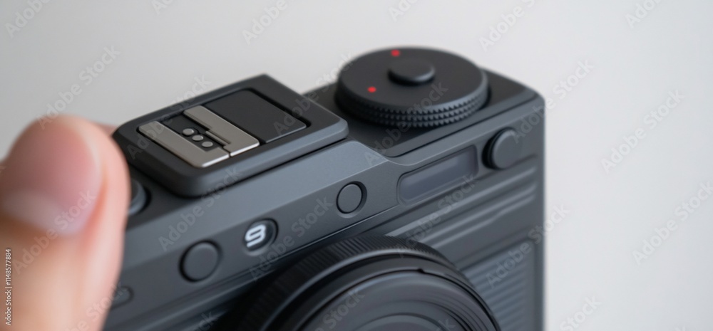 Poster close-up of a camera's top view, showcasing buttons and dials for functionality.