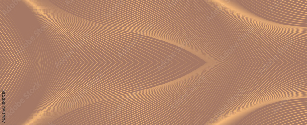 Poster luxury horizontal vector template with glowing gold wavy lines on mocha brown color background.