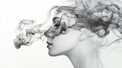 Fototapeta premium Silhouette of a woman with flowing smoke against a light background.