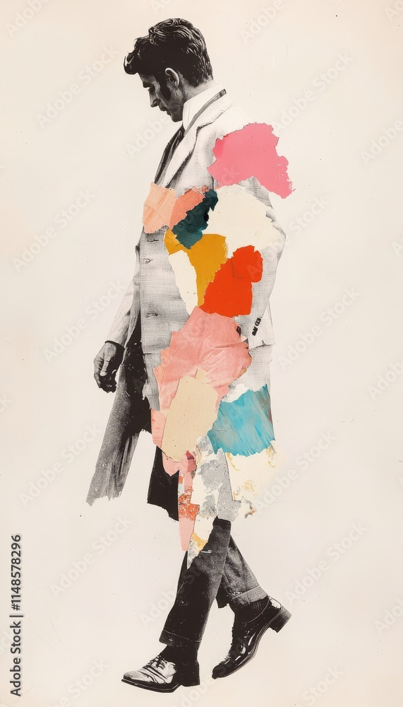 Poster man in stylish suit walking with abstract color overlays and artistic collage elements