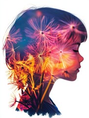 Fototapeta premium Silhouette of a Child with Dandelions in Flight