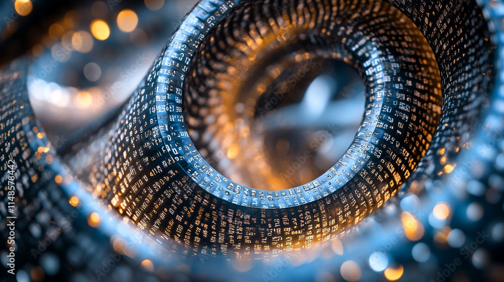 Poster digital spiral formed bylowing binary code in a high-tech environment.