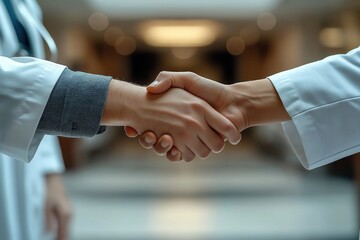 Two researchers shake hands in hospital lobby. Collaboration, partnership obvious in professional setting. Healthcare tech evident. Focus on cooperation, development within medical research