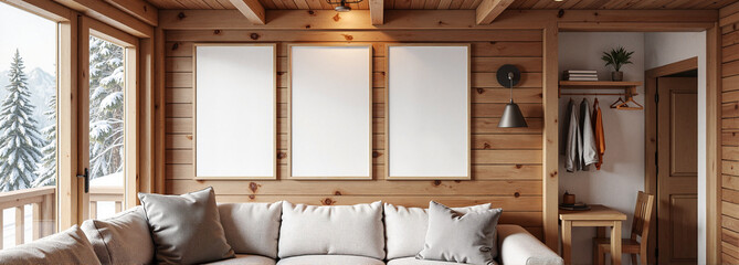 Blank Wooden Frame in Living Room with Scenic Winter View